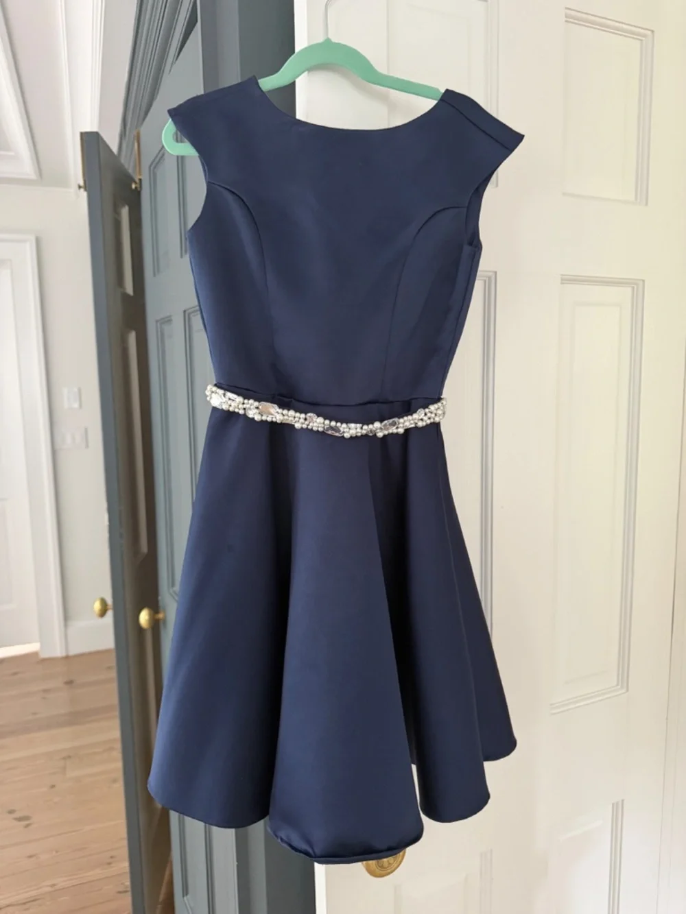 Un Deux Trois Satin Cap Sleeved Dress With Rhinestone belt Size 8